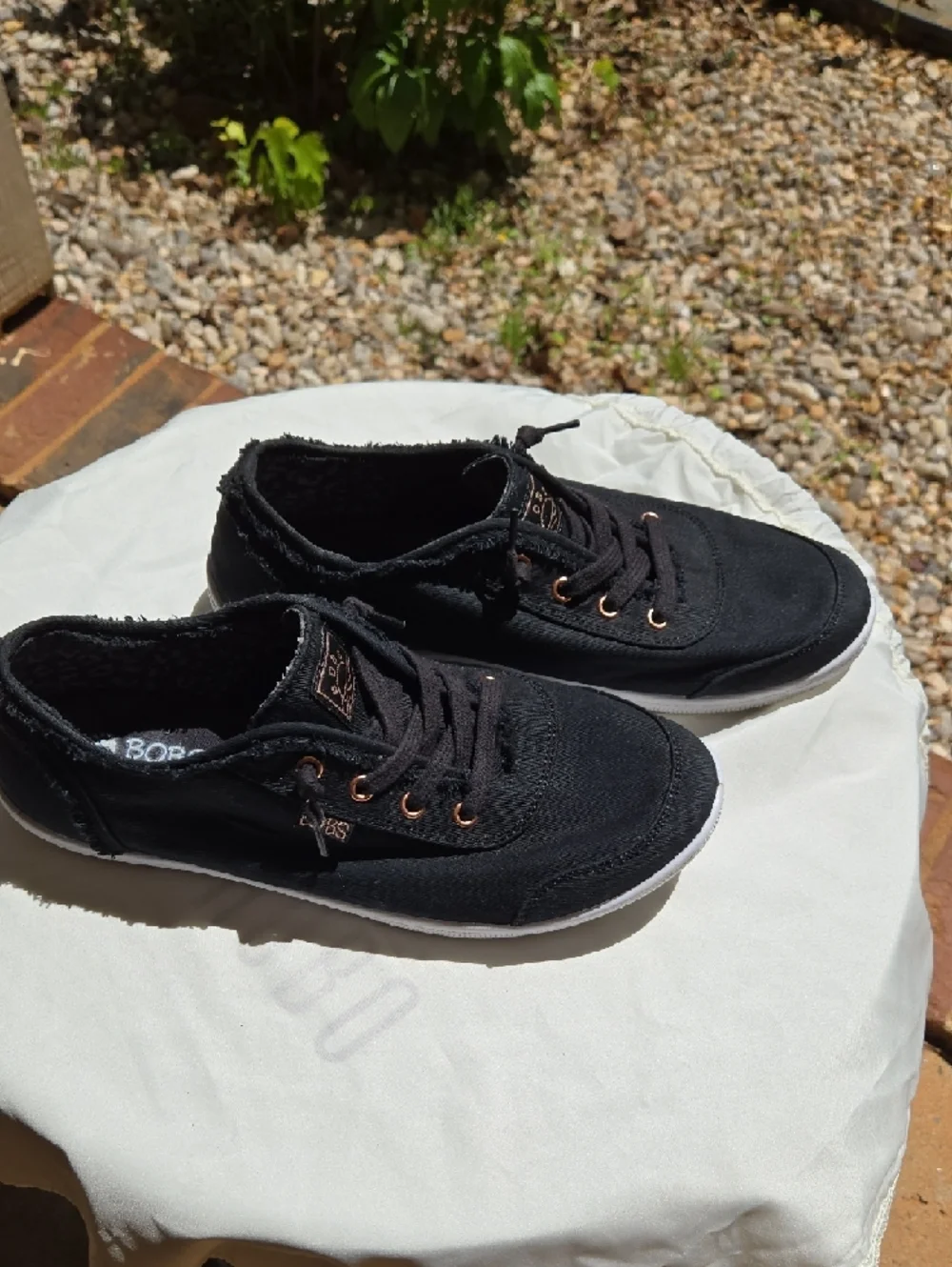 BOBS from Skechers Women's Black Canvas Lace-Up Sneakers with White Soles - Picture 6 of 7